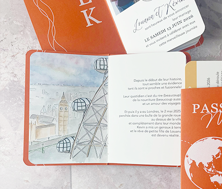 Faire-part mariage thème voyage. Forme passeport et illustration du lieu de la demande en mariage.