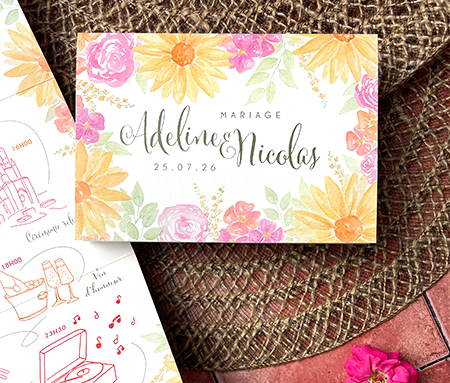 Faire-part de mariage thème coloré. Illustration de fleurs de couleurs à l'aquarelle.